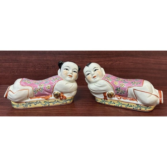 Vintage Pair 1940-50s Chinese Enameled Porcelain Boy & Girl Pillow Figures